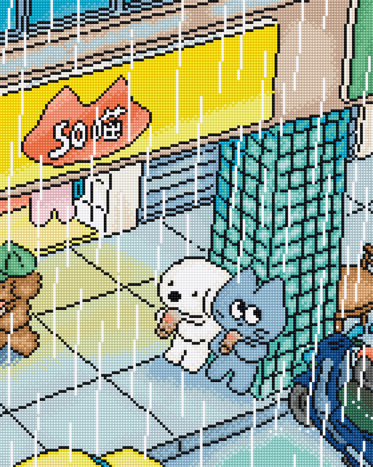 Pixel art style illustration of a rainy street scene with a white cat and a blue cat huddled together under a yellow awning, with tiled walls, rain streaks, and a storefront sign reading “50猫” in Japanese.