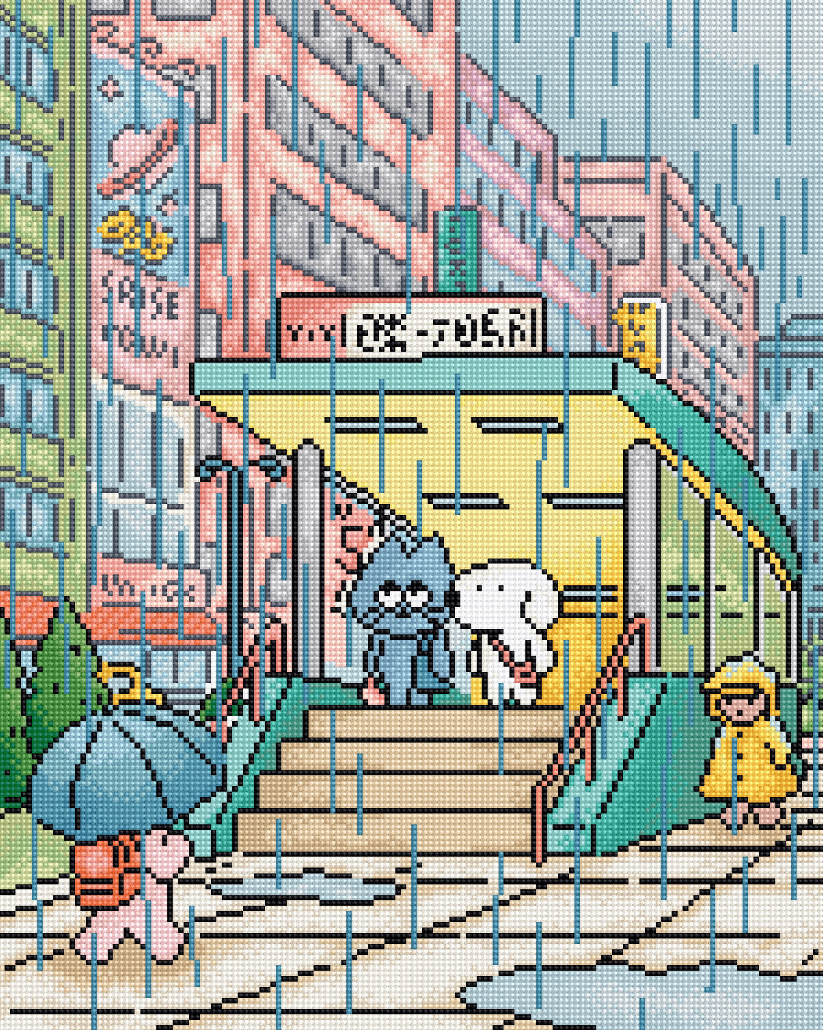 Pixel-art style city street scene with rain, pink buildings, a yellow subway entrance, and two cartoon characters standing at the steps. A person in a yellow raincoat stands to the right, and a pink dog with a blue umbrella stands to the left.