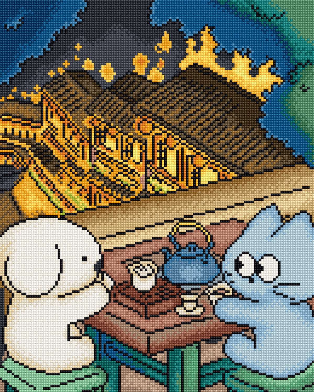 A pixel-art style illustration showing a nighttime scene with a glowing traditional house, a blue kettle and tea set on a table, and two cartoon characters in the foreground: a white dog on the left and a light blue cat on the right.