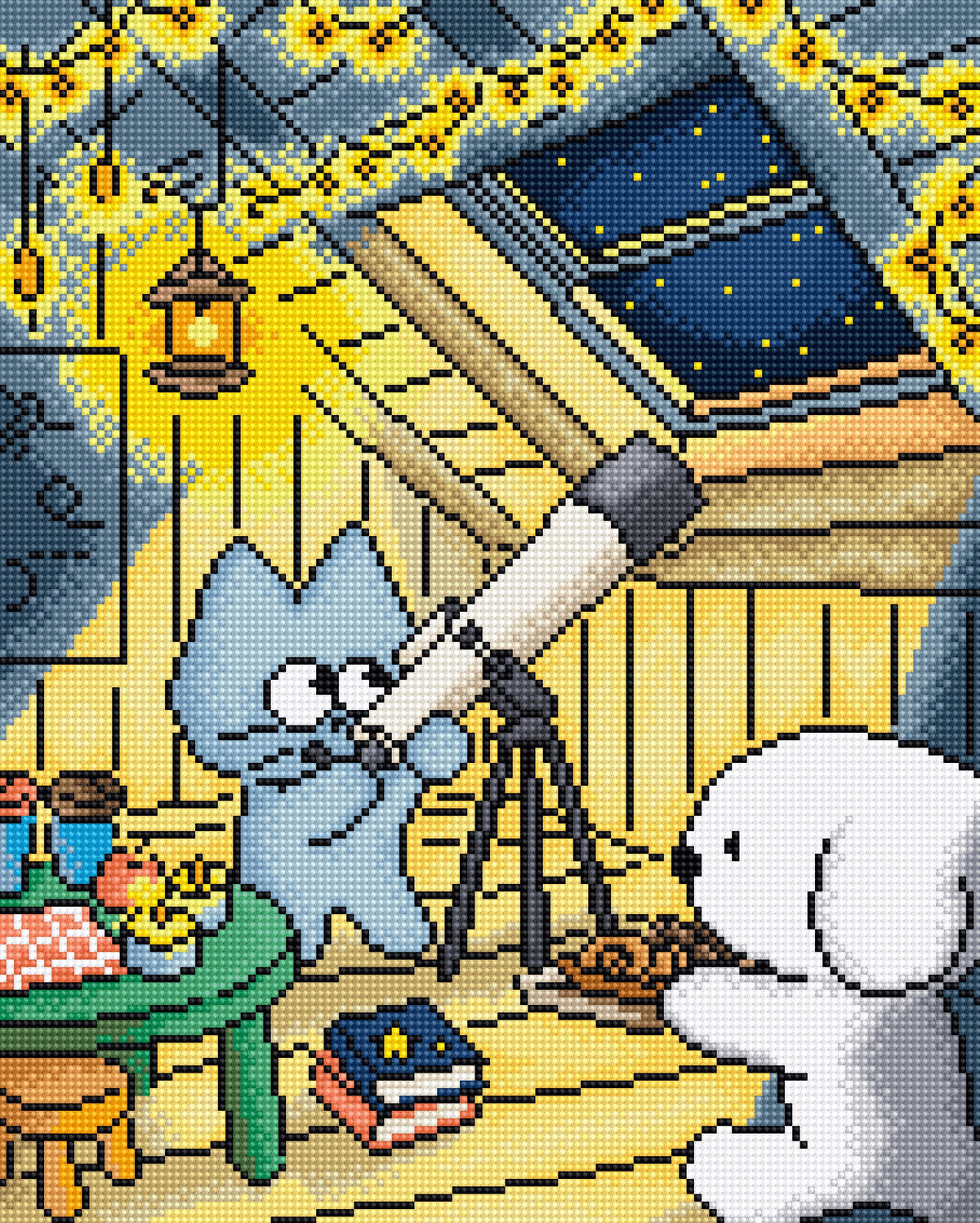 Pixel-art illustration of a cozy attic room with a blue cat using a telescope, a white dog sitting nearby, a starry night sky visible through an open roof, hanging lanterns, and warm yellow light. This appears to be the artwork itself rather than a photo of a physical product in a real environment, so Scenery fits best.