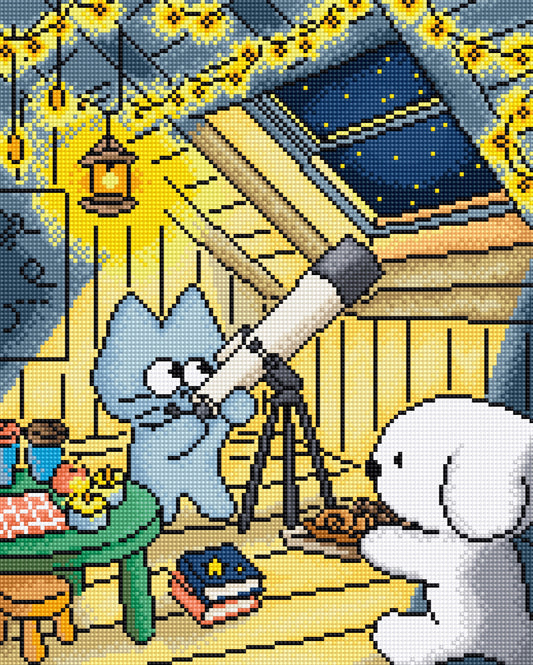 Pixel-art illustration of a cozy attic room with a blue cat using a telescope, a white dog sitting nearby, a starry night sky visible through an open roof, hanging lanterns, and warm yellow light. This appears to be the artwork itself rather than a photo of a physical product in a real environment, so Scenery fits best.