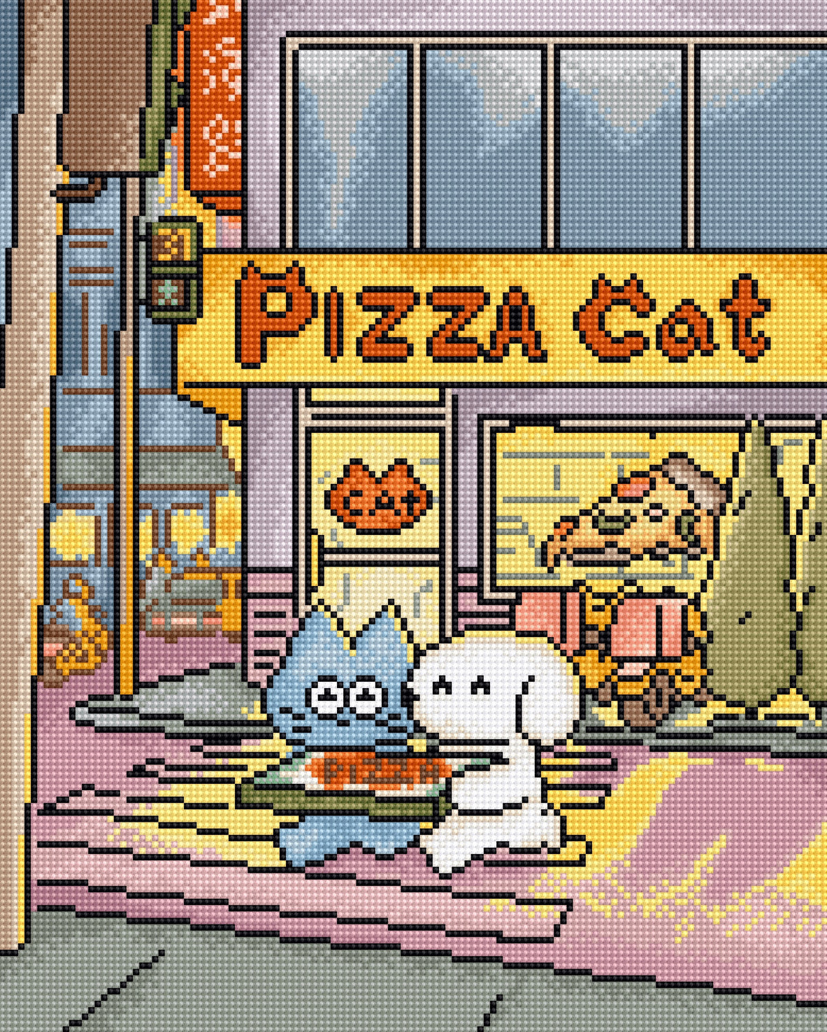 Pixel-art style illustration of a storefront sign reading 'Pizza Cat' with a blue cat and a white dog standing outside, rendered in a pixelated cross-stitch or diamond-paint style.