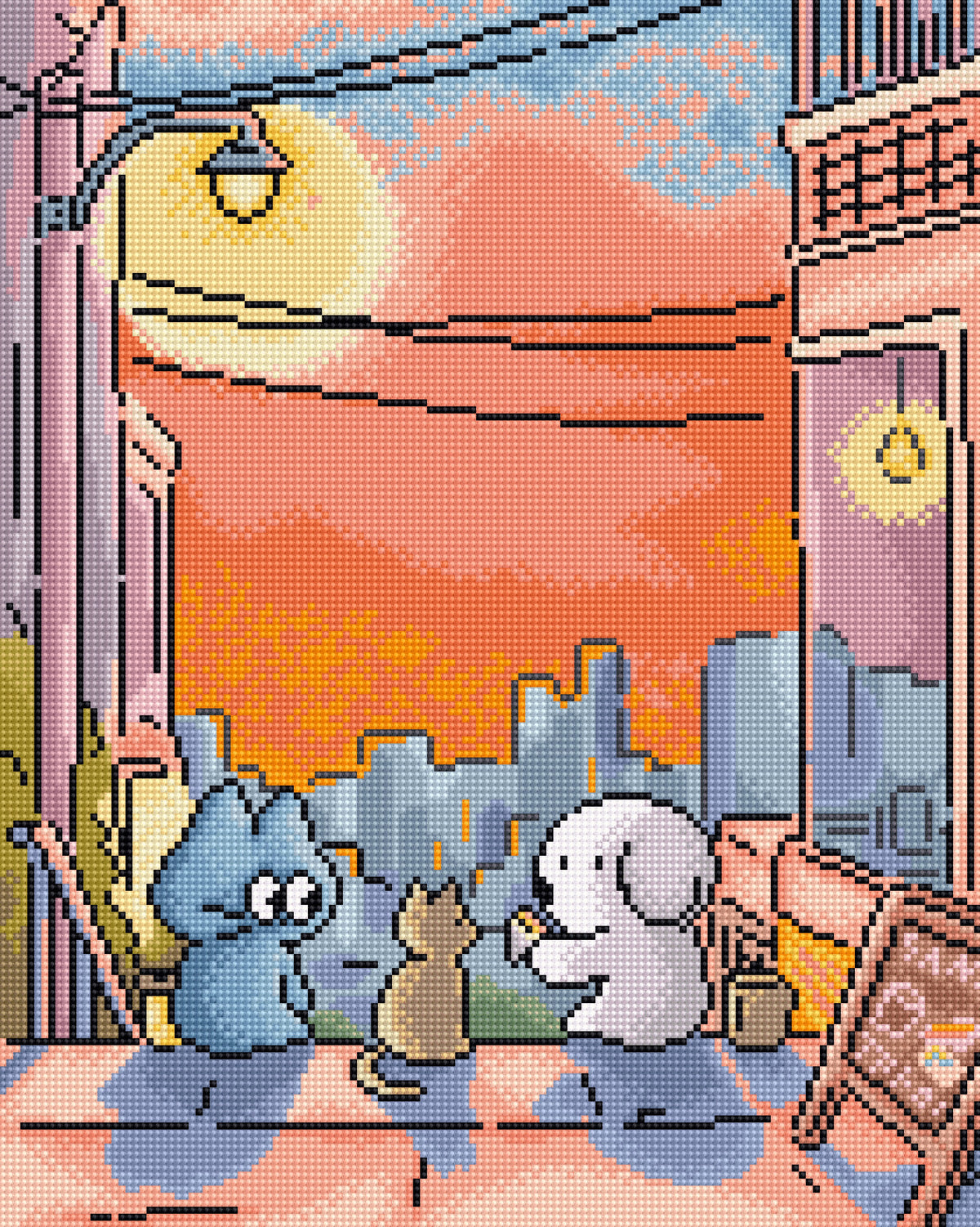 Pixel art illustration of a cozy street scene at sunset, featuring a blue cat and a white dog sitting on a sidewalk in front of a storefront with a warm orange sky and city skyline in the background.