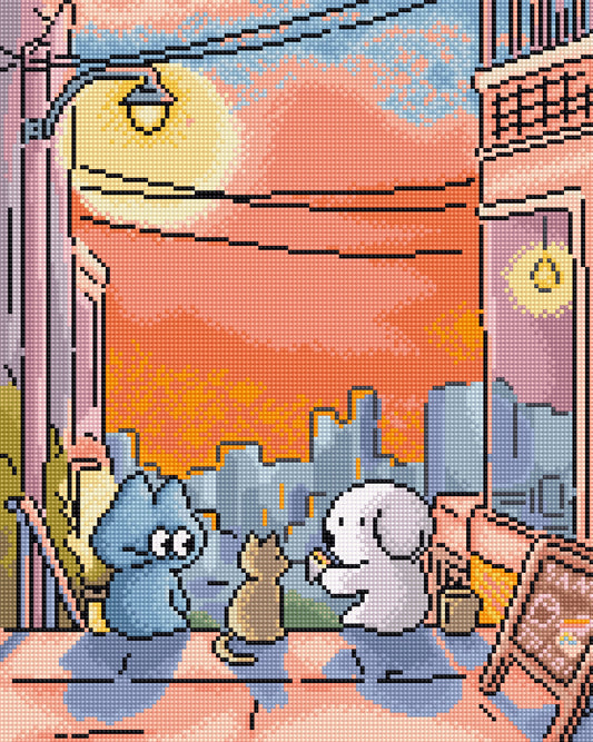 Pixel art illustration of a cozy street scene at sunset, featuring a blue cat and a white dog sitting on a sidewalk in front of a storefront with a warm orange sky and city skyline in the background.