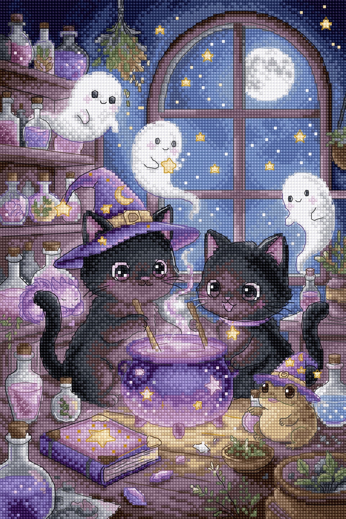 A whimsical illustrated scene of two black kittens in a witch's lab, stirring a glowing cauldron under a starry night sky seen through a window. White ghosts, potion bottles, shelves, and a purple moonlit background fill the room.