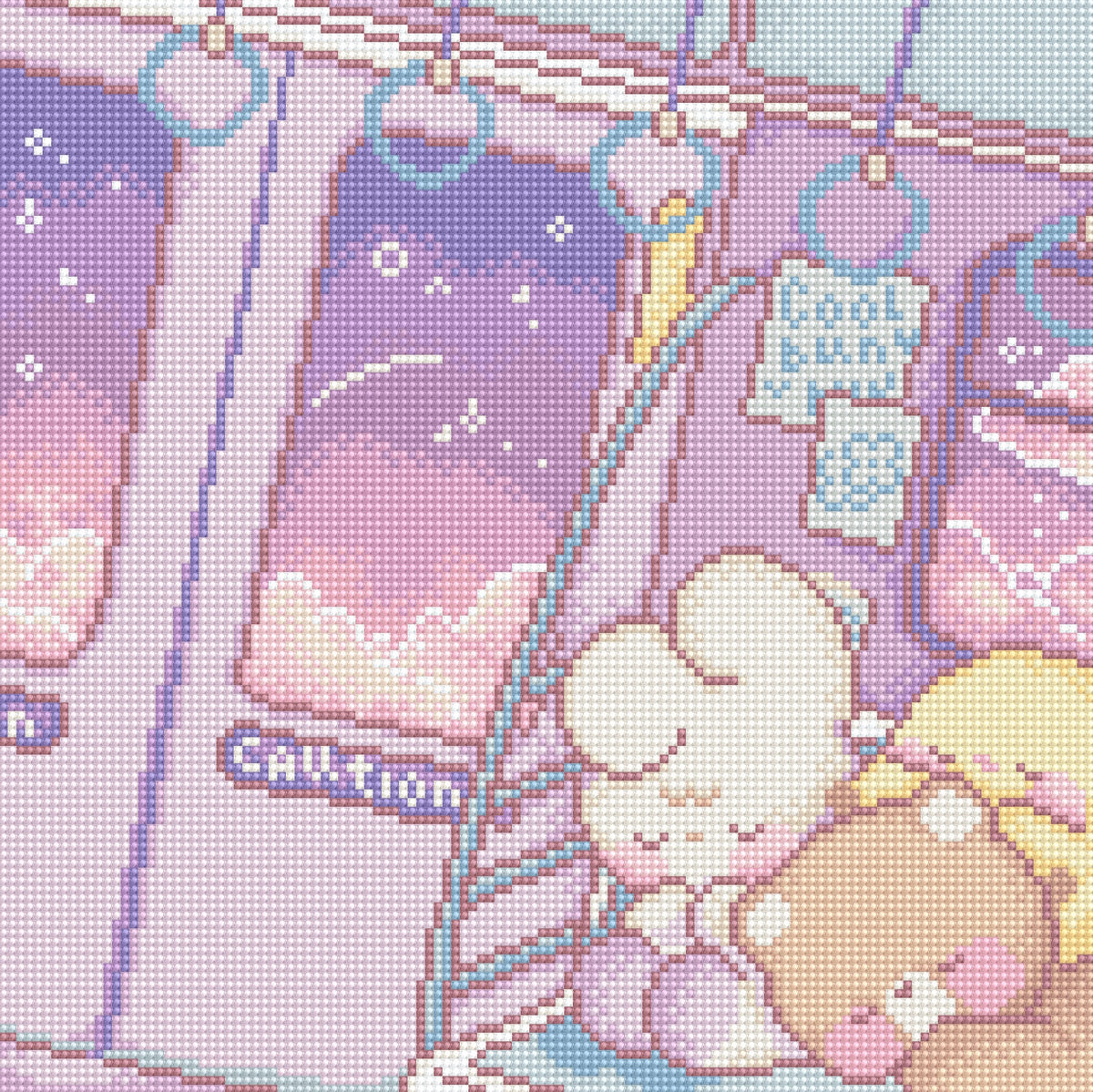 A close-up of a pixelated, cross-stitch style illustration featuring pastel characters and a train-like scene in pink, purple, and blue tones.