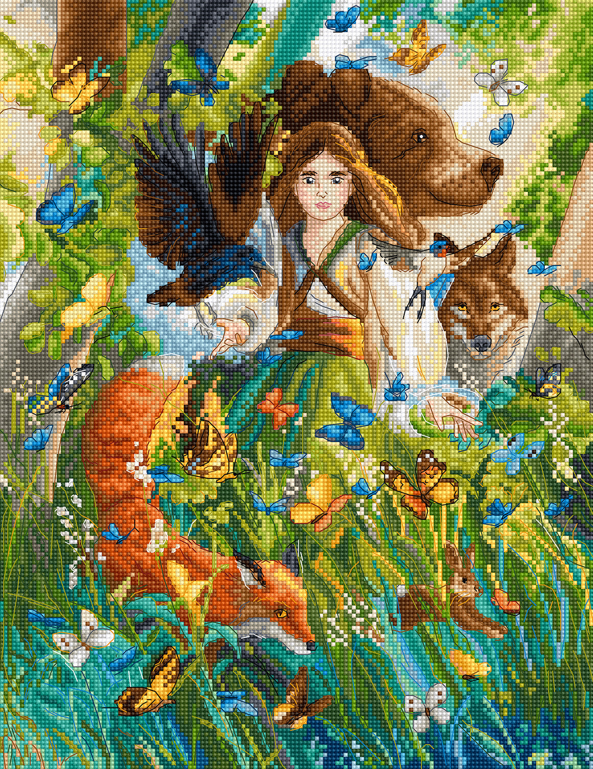 cross stitch kit Letistitch a girl in the forest suronded by wild animals