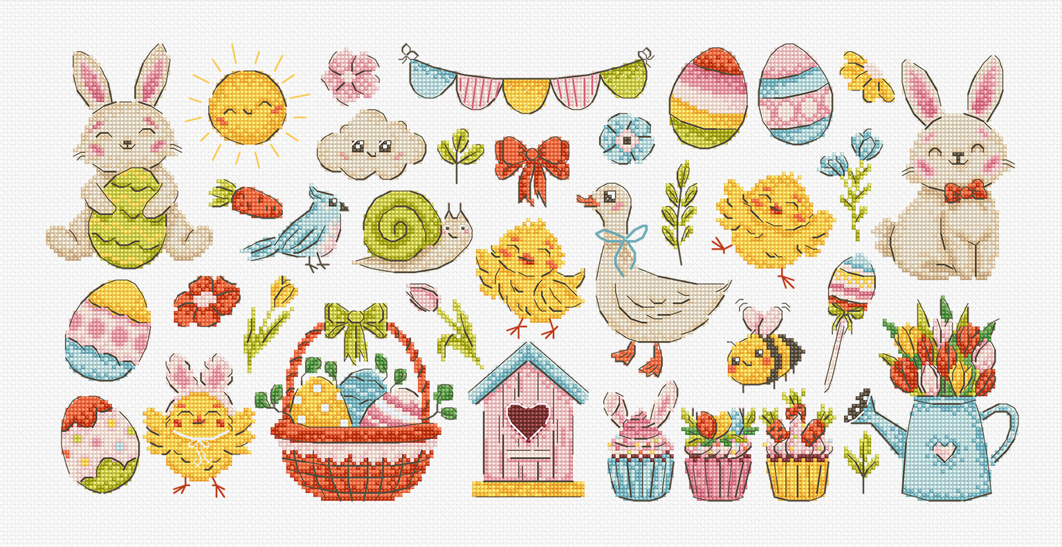 Collection of Easter-themed illustrations including bunnies, eggs, chicks, and flowers on a white background. Cross stitch kit