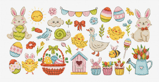 Collection of Easter-themed illustrations including bunnies, eggs, chicks, and flowers on a white background. Cross stitch kit