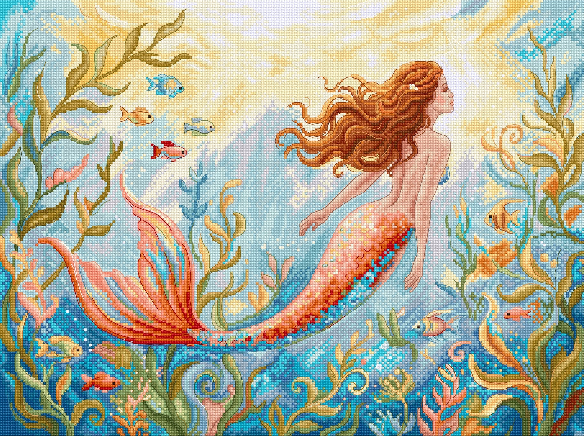 Cross-stitched mermaid surrounded by sea creatures and plants