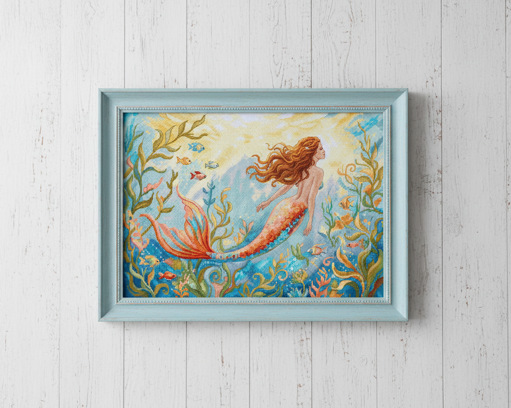 Framed cross stitch of a mermaid among seaweed and fish on a light wooden background