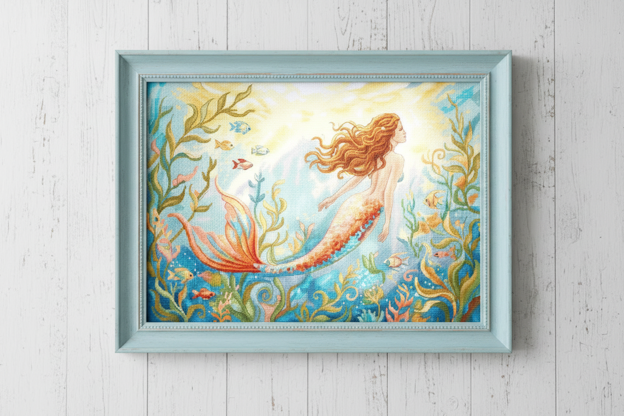 cross stitch of a mermaid among sea creatures on a light wooden background