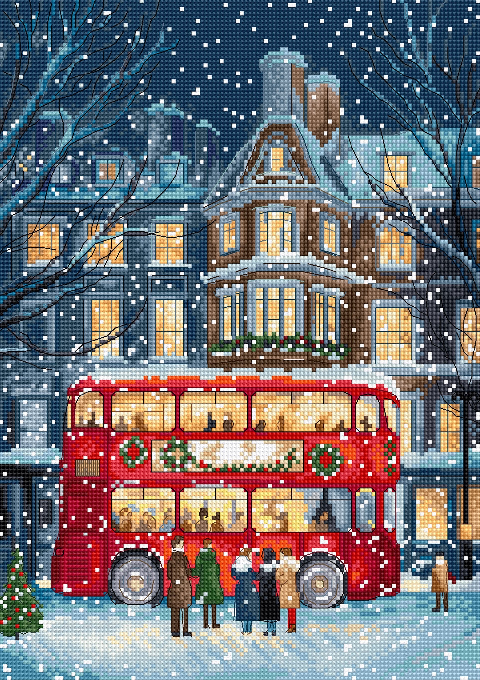 cross stitch of a london red bus, a snowy night