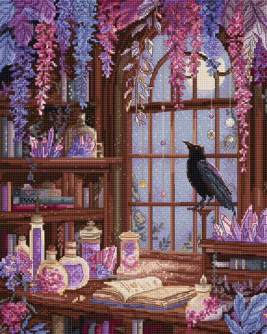 Cross-stitched scene of a cozy room with books, bottles, and a window with a bird.