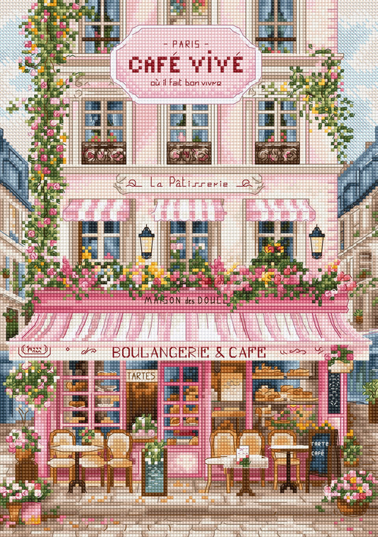 Cross-stitched design of a Parisian cafe with pink awning and flowers.