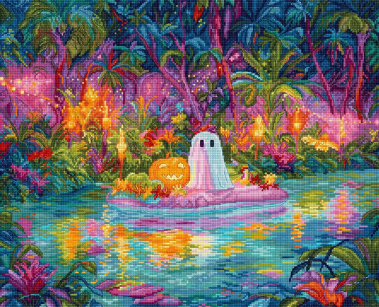 Colorful pixel art scene of a ghost on a pumpkin with a ghostly face, surrounded by a vibrant jungle with glowing plants.