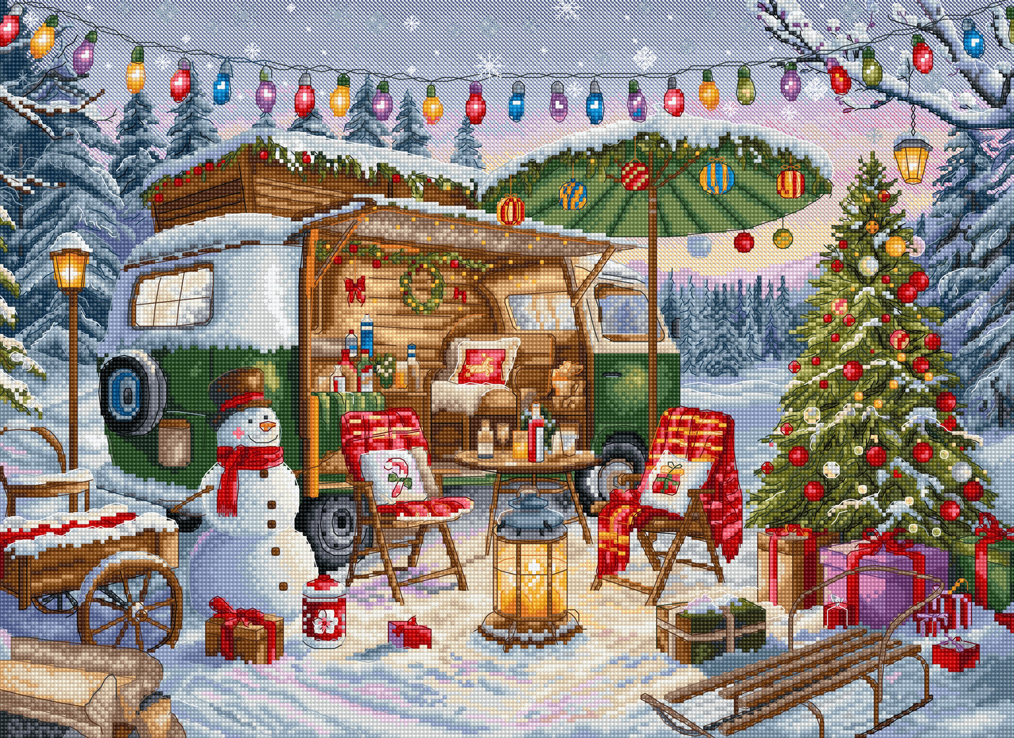 Decorative cross-stitch pattern of a winter scene with a camper, Christmas tree, and snowman.