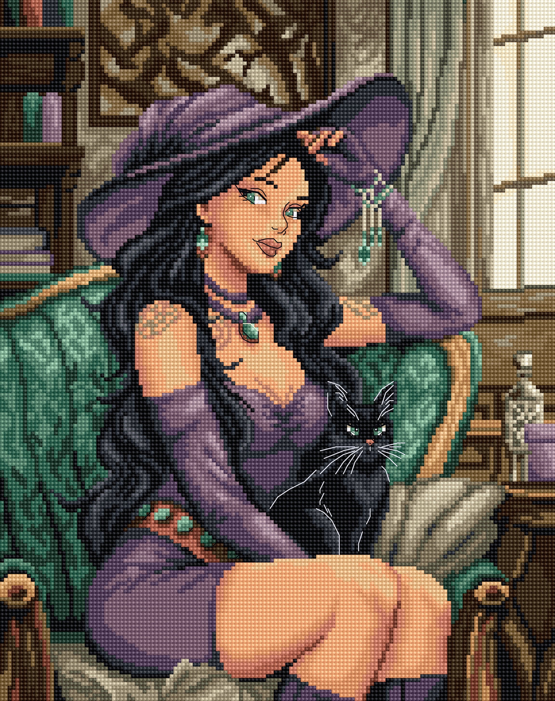 Cross stitch illustration of a witch with a black cat in a cozy room.