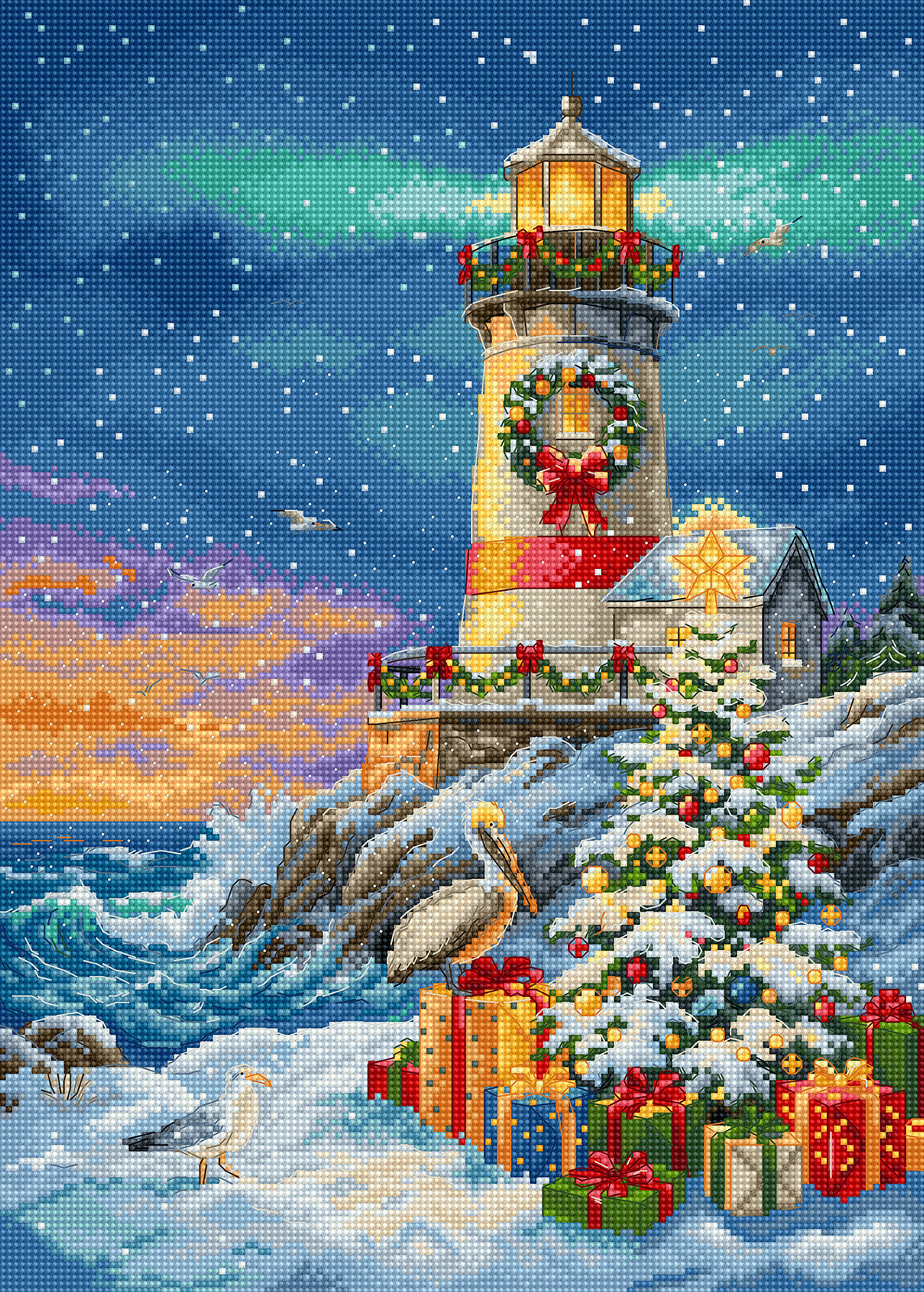 Decorative cross-stitch pattern of a lighthouse with Christmas decorations and presents on a snowy landscape.