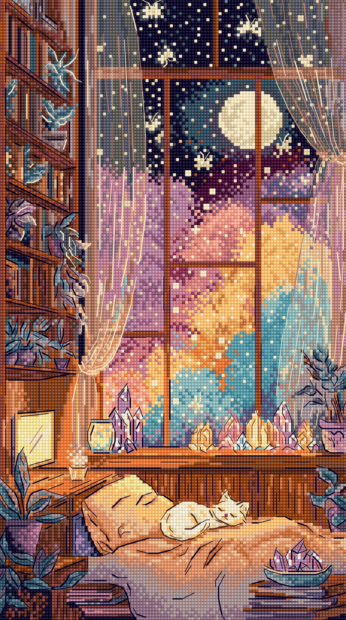 Pixel art-style bedroom scene with a window view of a colorful night sky.
