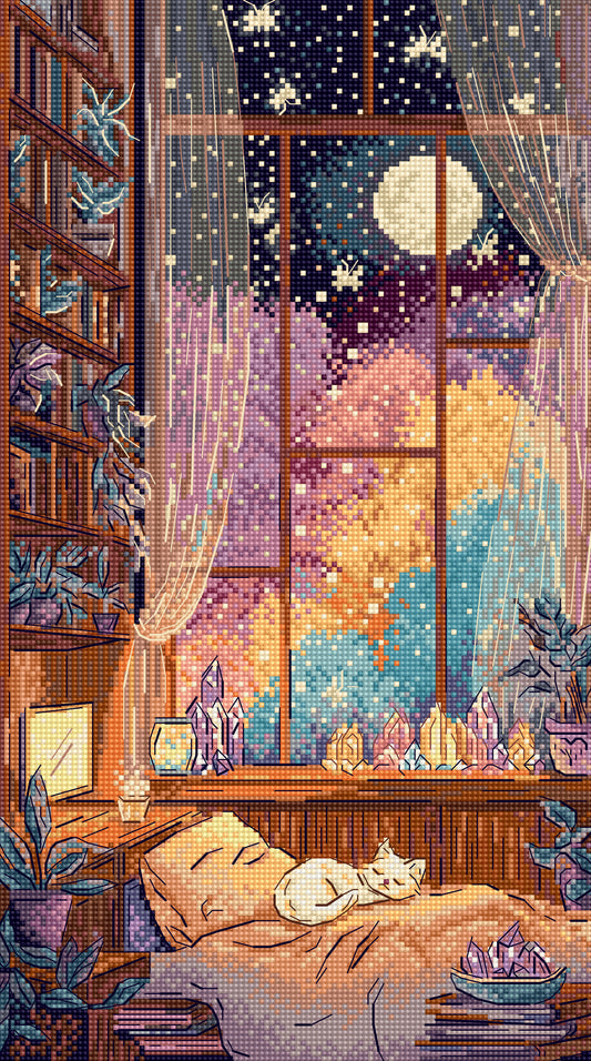 Pixel art-style bedroom scene with a window view of a colorful night sky.