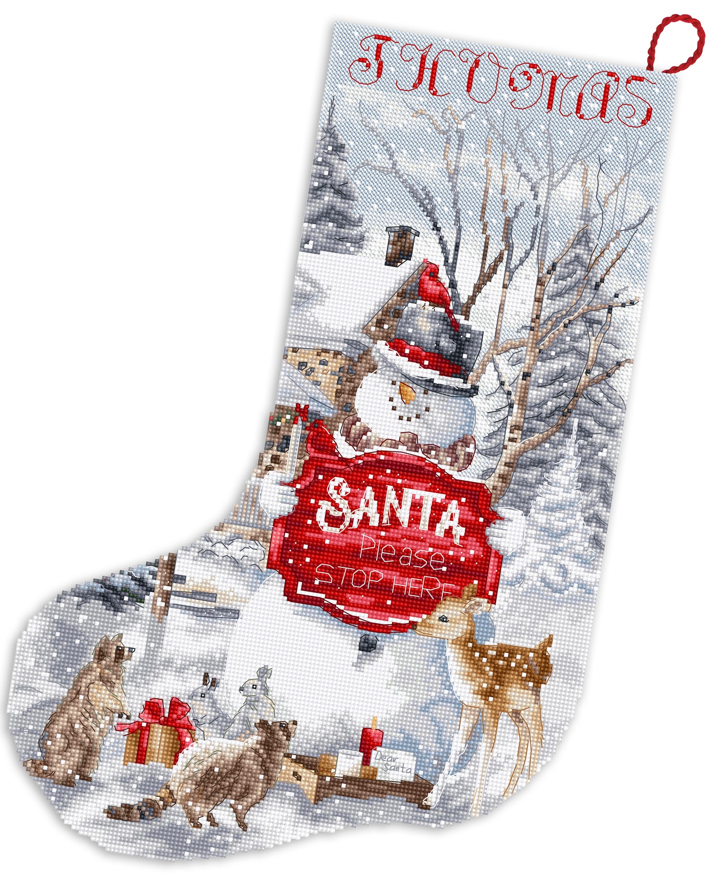 Christmas stocking with a snowman, deer, and other animals in a snowy scene, featuring the text 'Santa Please Stop Here'.