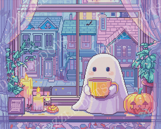 Diamond art of a ghost holding a cup in front of a colorful house window with Halloween decorations.