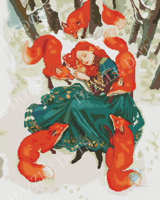 Diamond art design of a woman in a forest with red foxes