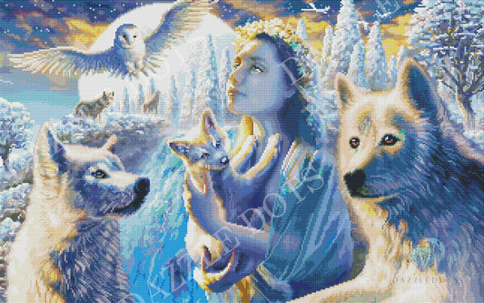 Diamond art club kit depicting a Woman surrounded by wolves and owls in a snowy landscape