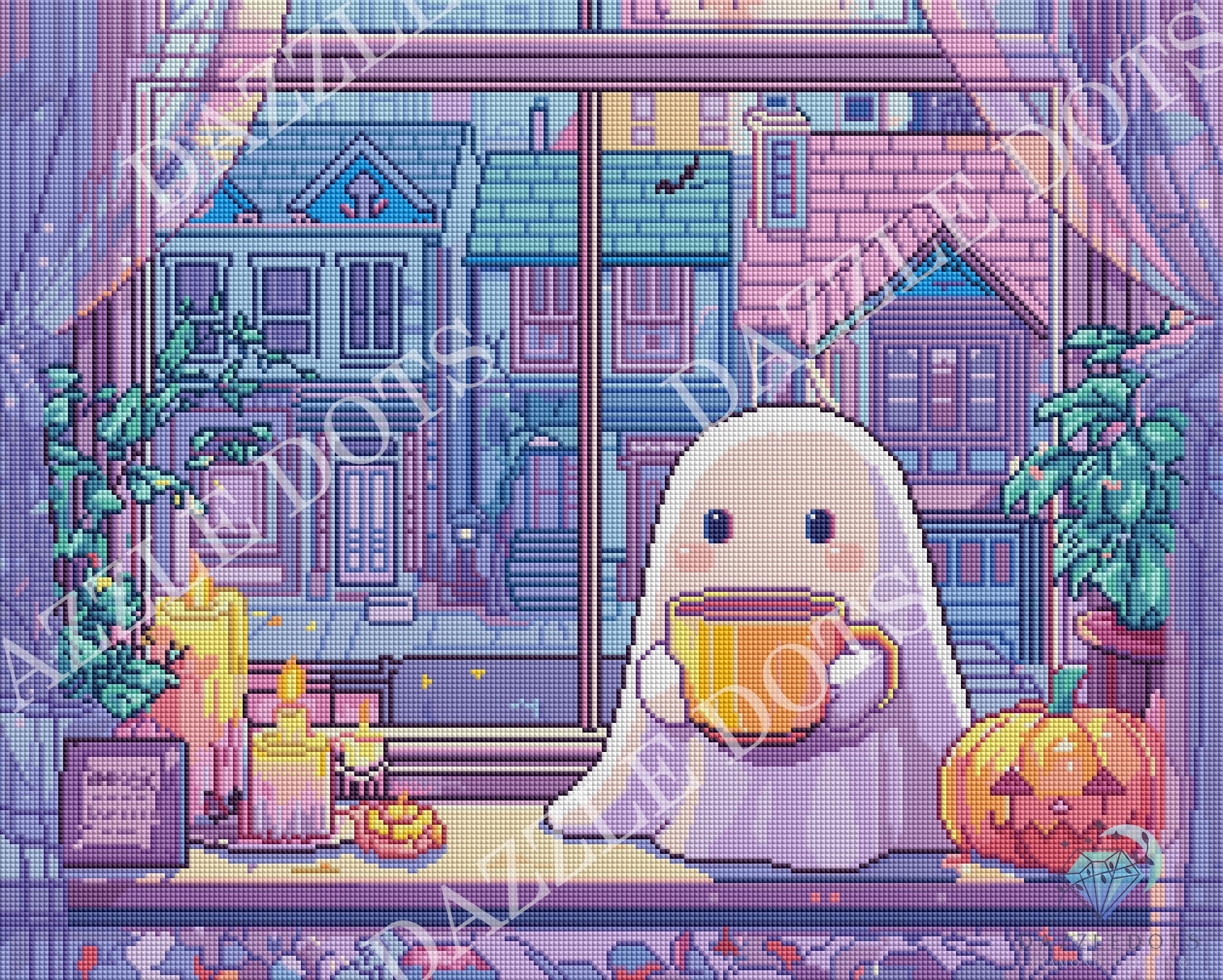 Diamond art of a ghost holding a mug in front of a colorful house.