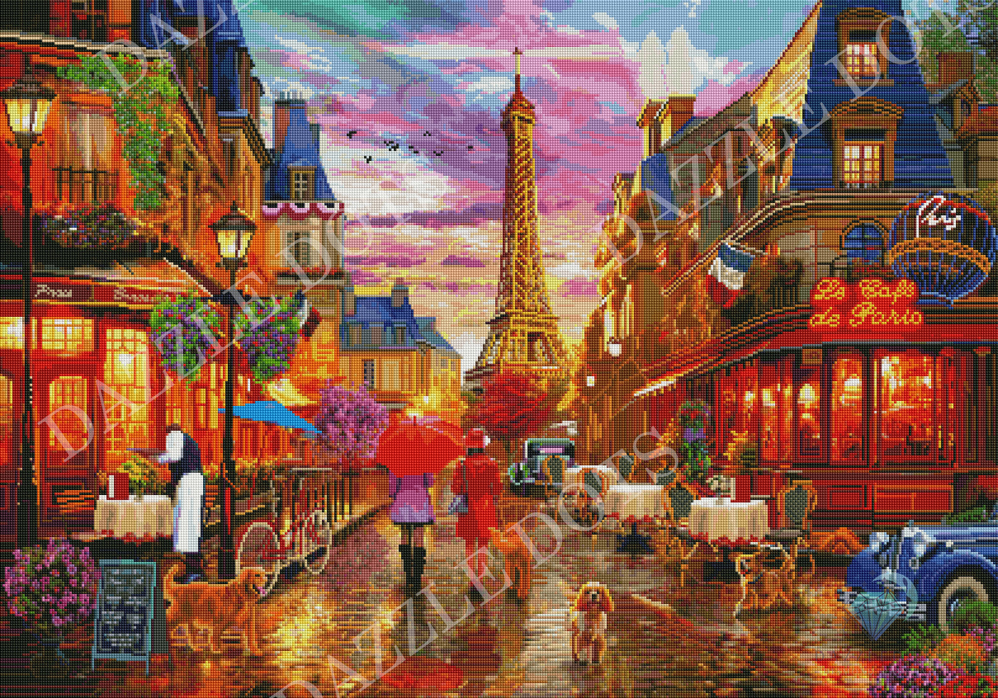 Diamond painting of a Parisian street scene with the Eiffel Tower.