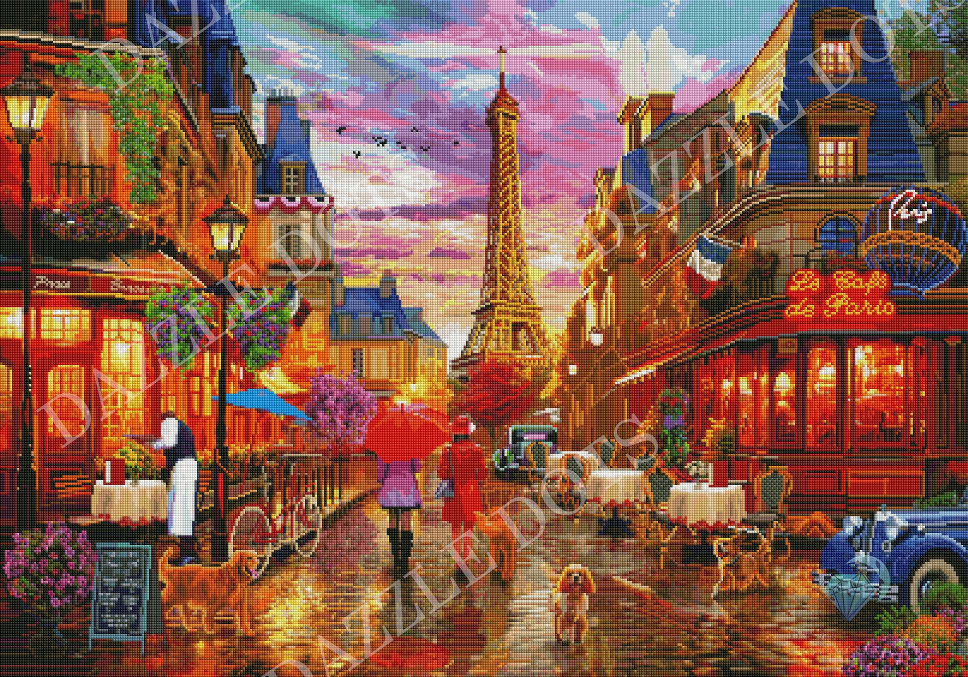 Diamond painting of a Parisian street scene with the Eiffel Tower.