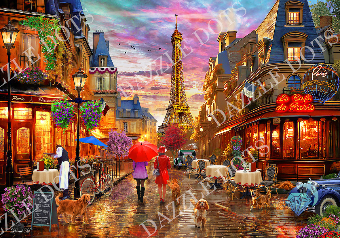 Colorful street scene with Eiffel Tower and Parisian buildings at sunset.