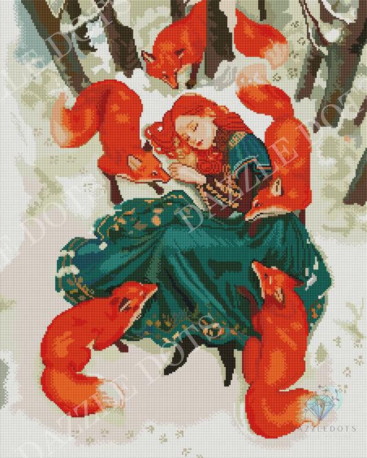 Diamond art design of a woman surrounded by foxes in a forest setting