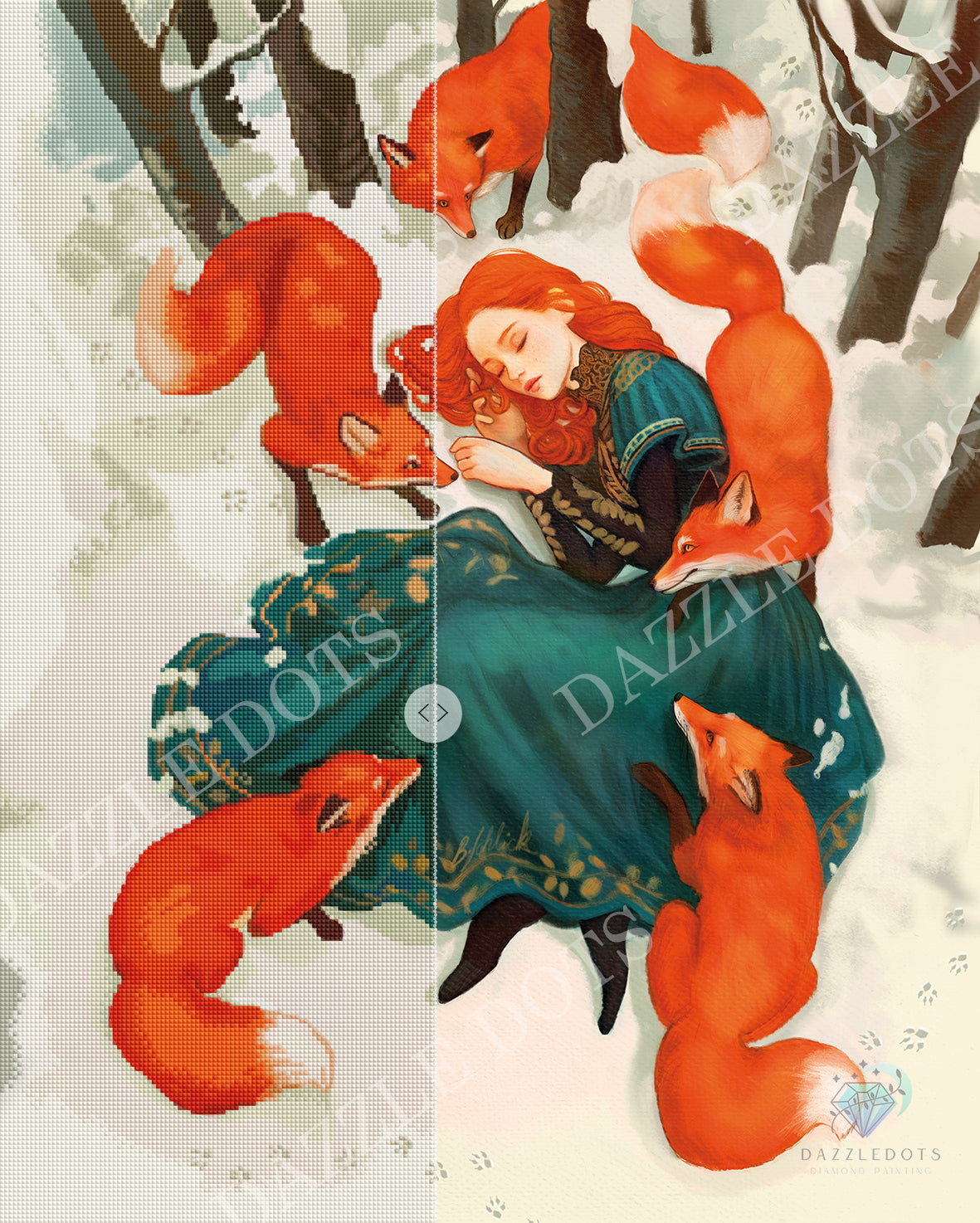 Diamond art Woman in a blue dress surrounded by foxes in a snowy forest