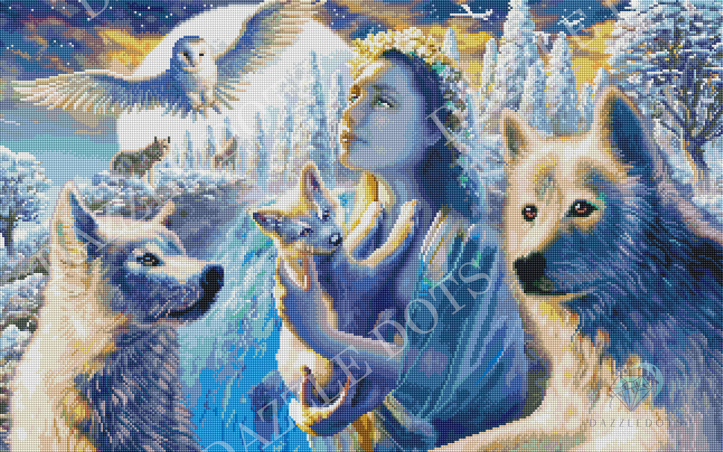 Diamond painting art Woman with animals in a snowy landscape