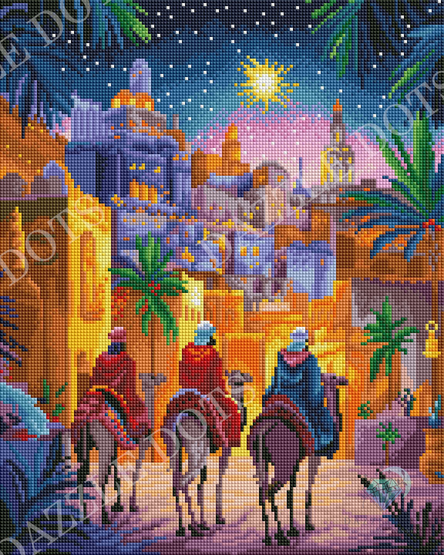 Diamond art style depiction of three kings on camels in an desert landscape with palm trees and a bright star.