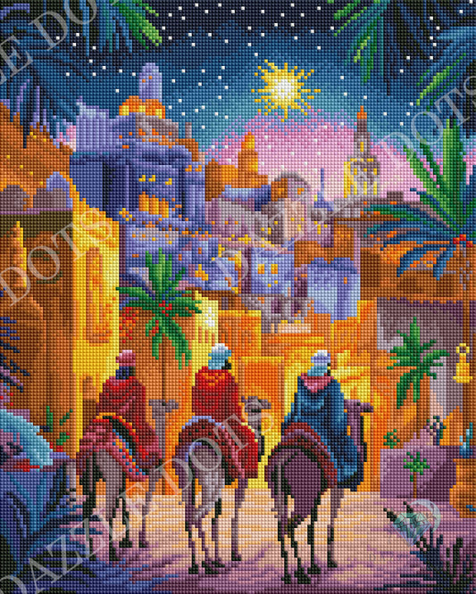 Diamond art style depiction of three kings on camels in an desert landscape with palm trees and a bright star.