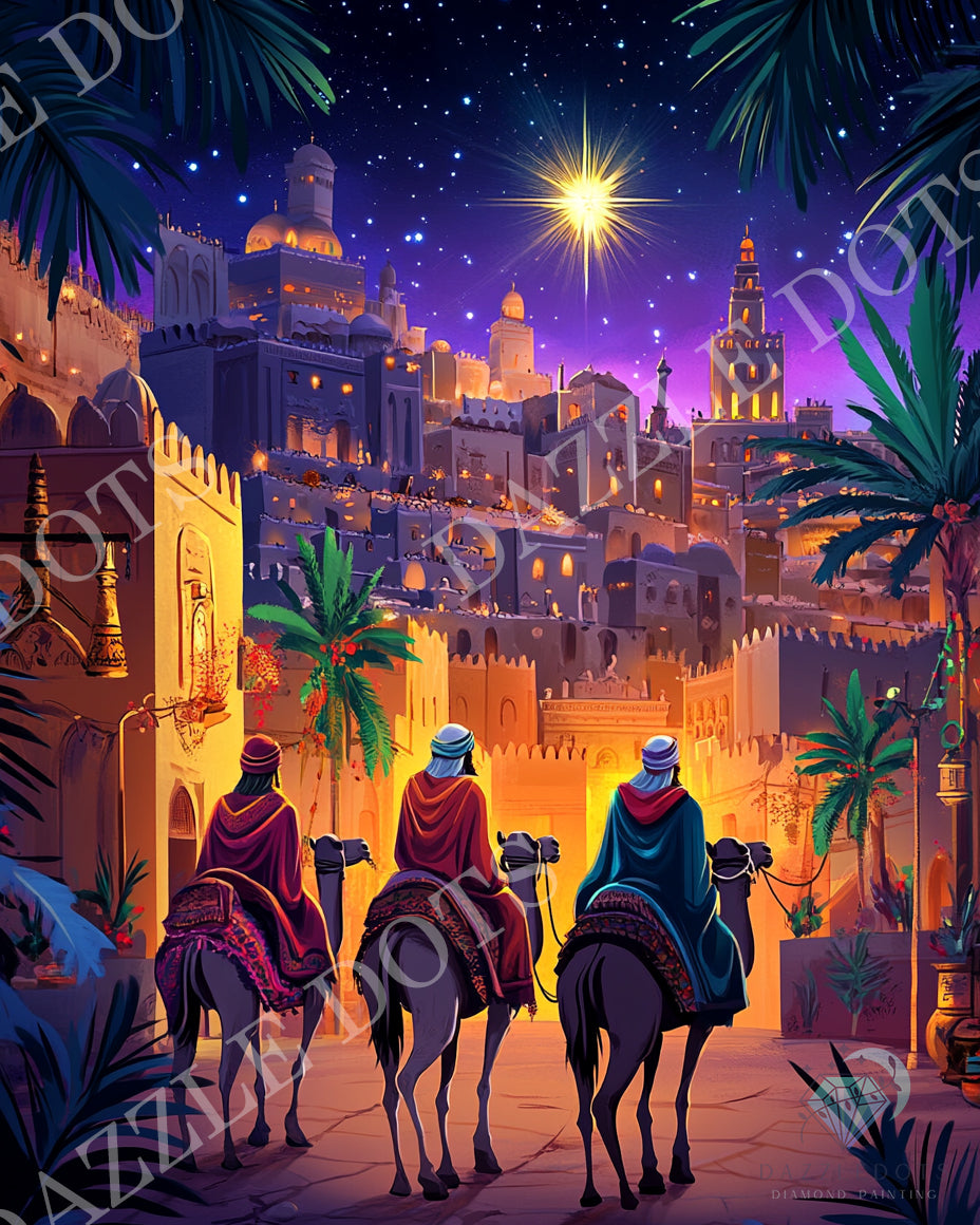 Three kings on camels in front of a starlit cityscape with palm trees.