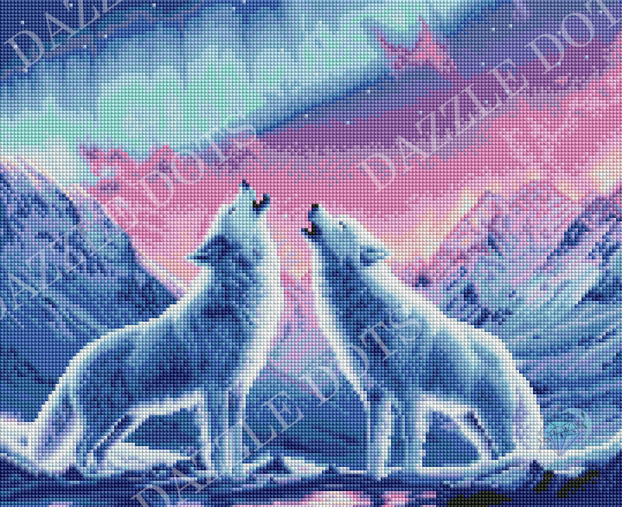 Two wolves howling at the moon with a colorful sky and mountains in the background, featuring the brand 'Dazzle Dotz'.