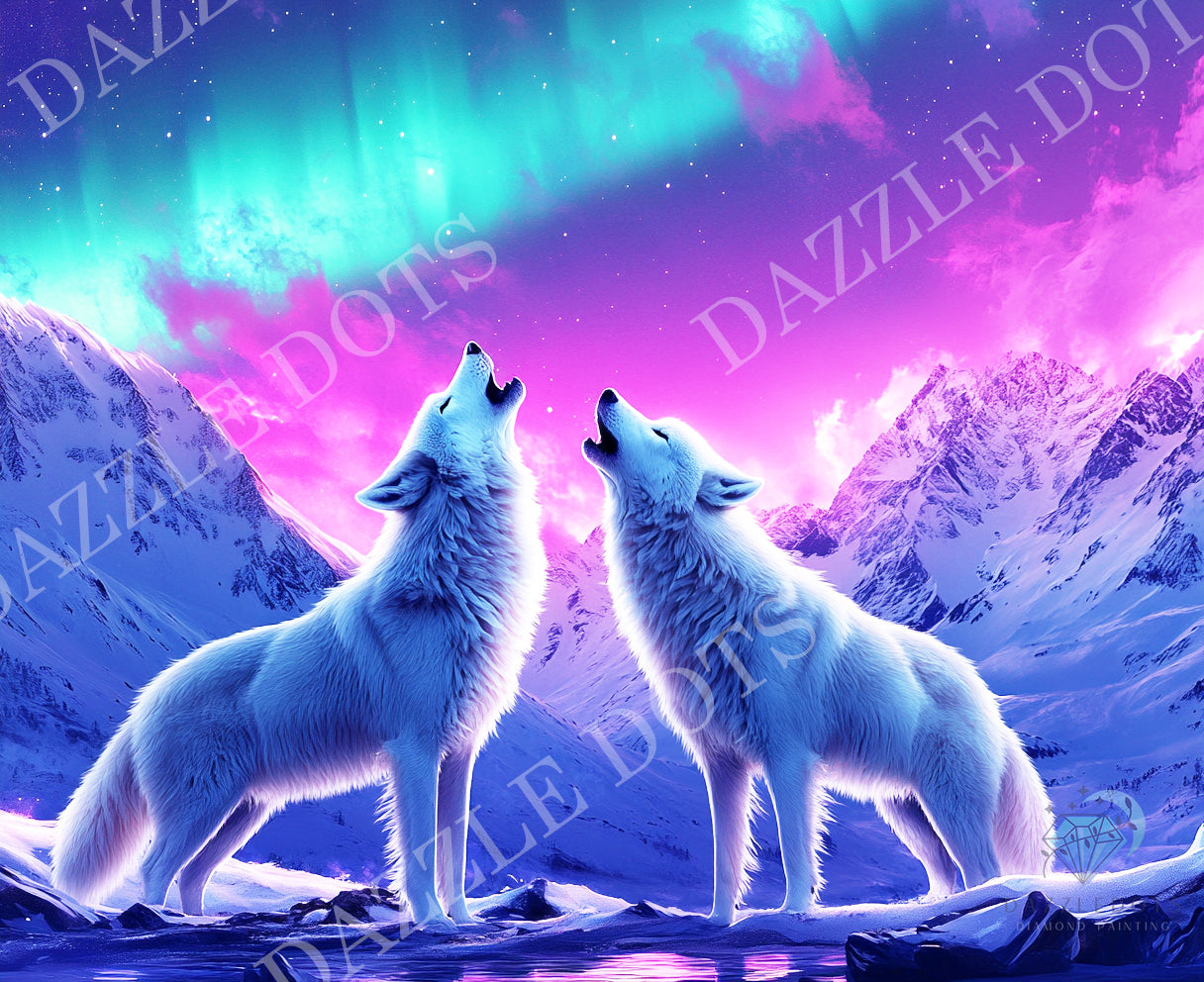 Two wolves howling at a colorful sky with mountains in the background, branded 'DAZZLE DOTS'.
