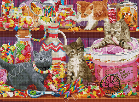 Diamond art club kit of scene with cats and candy, featuring a colorful and detailed design.