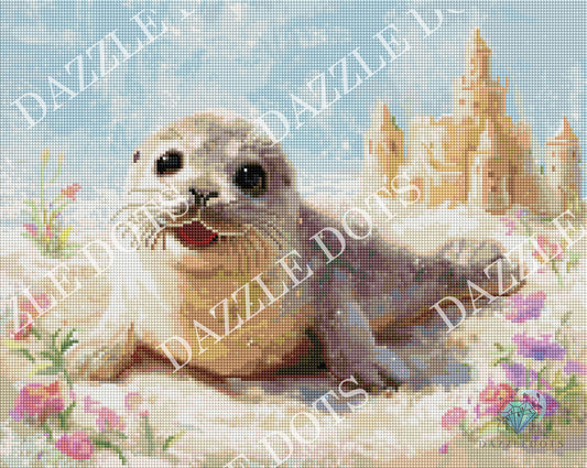 Crystal art diamond art club diamond painting pattern of a seal on sand with flowers and castle in the background, branded 'Dazzle Dots'.