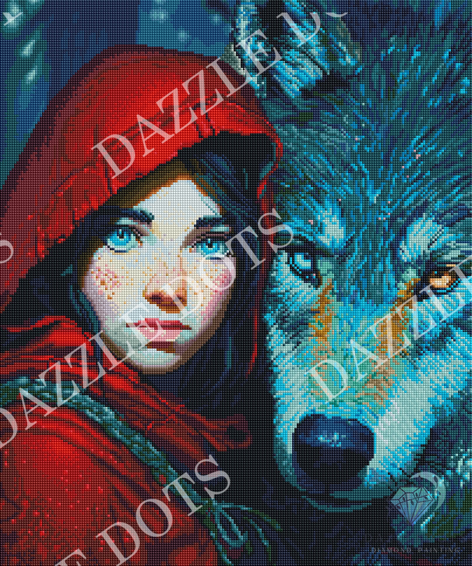 Woman in red hood with a wolf, artwork by Dazzle Dots