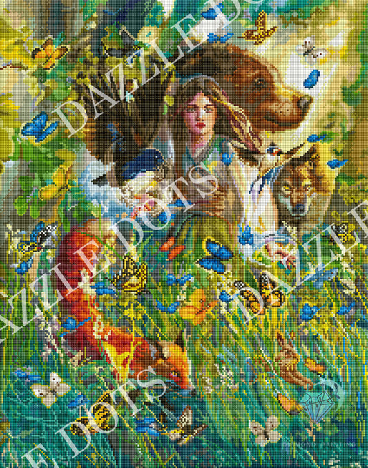 Crystal art diamond art club diamond painting  design with a woman surrounded by animals and butterflies, featuring the brand Dazzle Dots