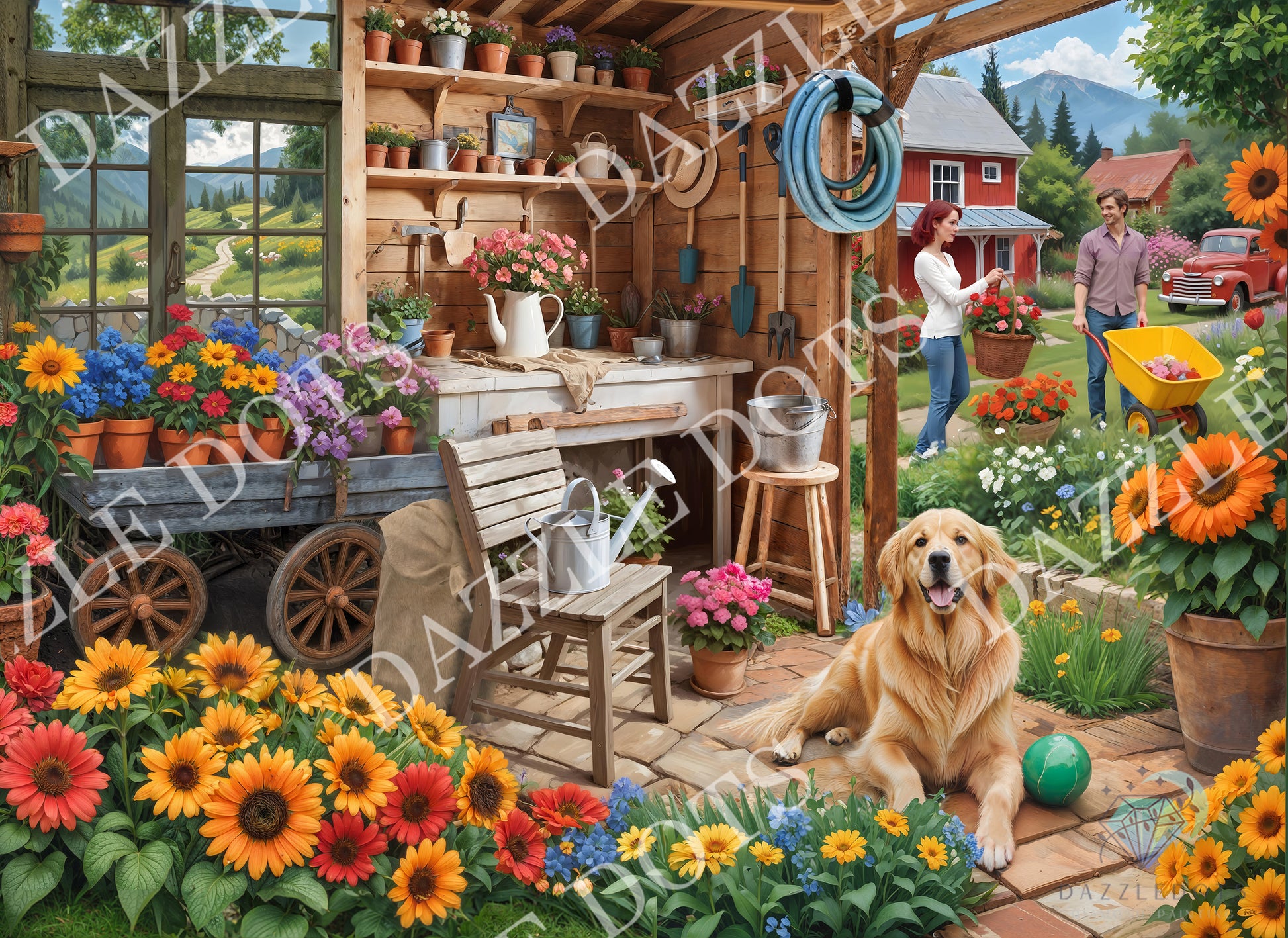 Gardening scene with a dog, flowers, and a shed in the background