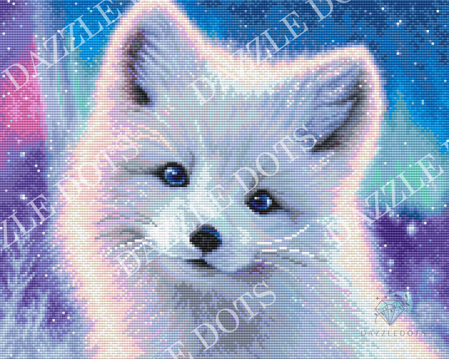 White fox with blue eyes on a colorful, starry background with 'DAZZLE DOTS' branding.