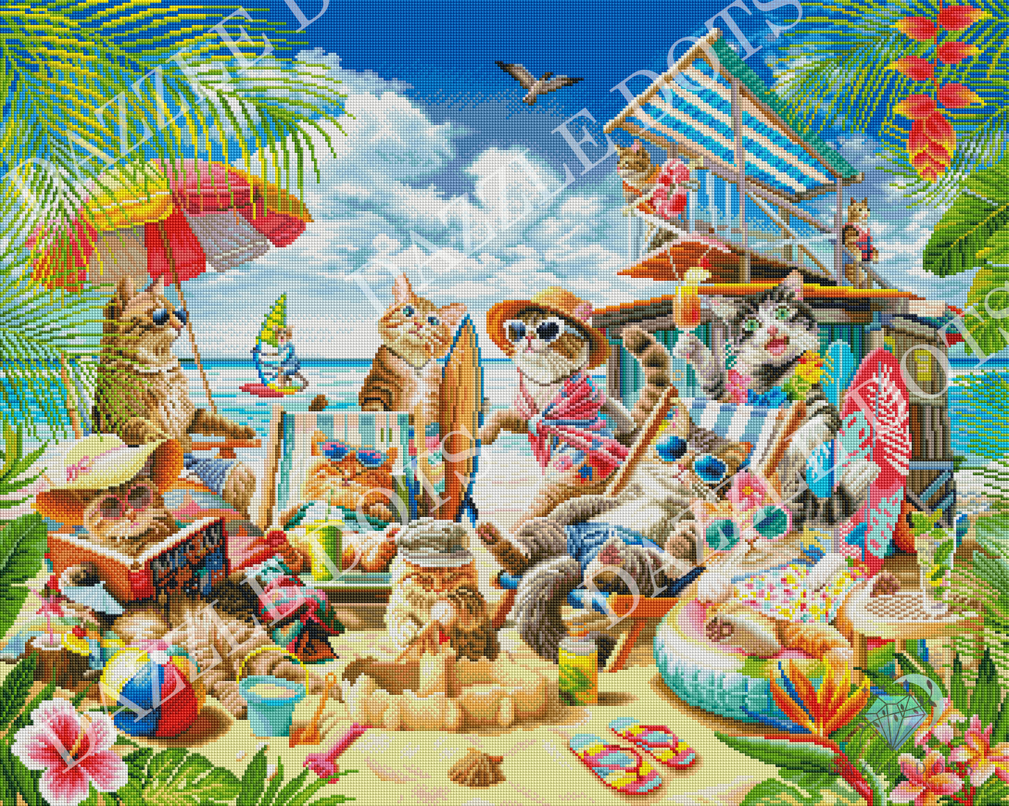 Diamond Art of cats enjoying a beach day with umbrellas, chairs, and tropical plants.
