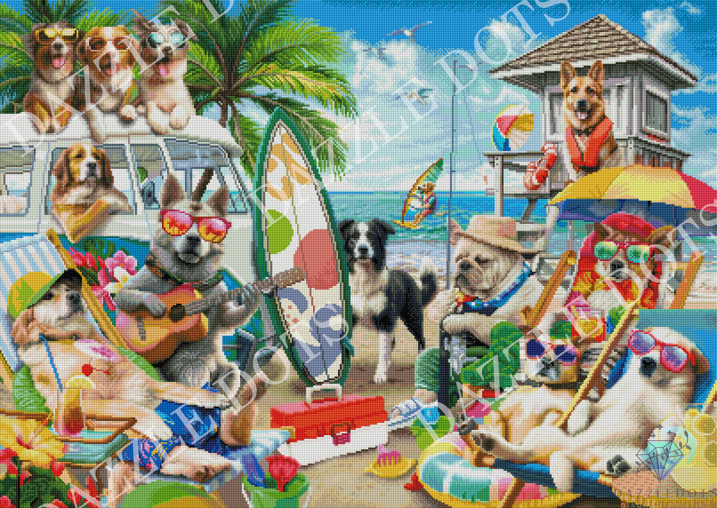 Diamond art of dogs enjoying a beach day with various activities and props.