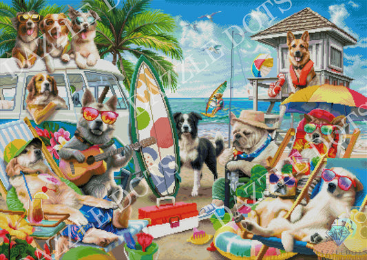 Diamond art of dogs enjoying a beach day with various activities and props.
